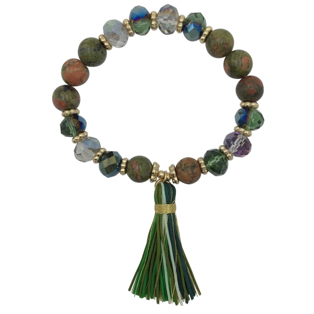 Green Genuine Stone & Glass Beaded Tassel Stretch Bracelet